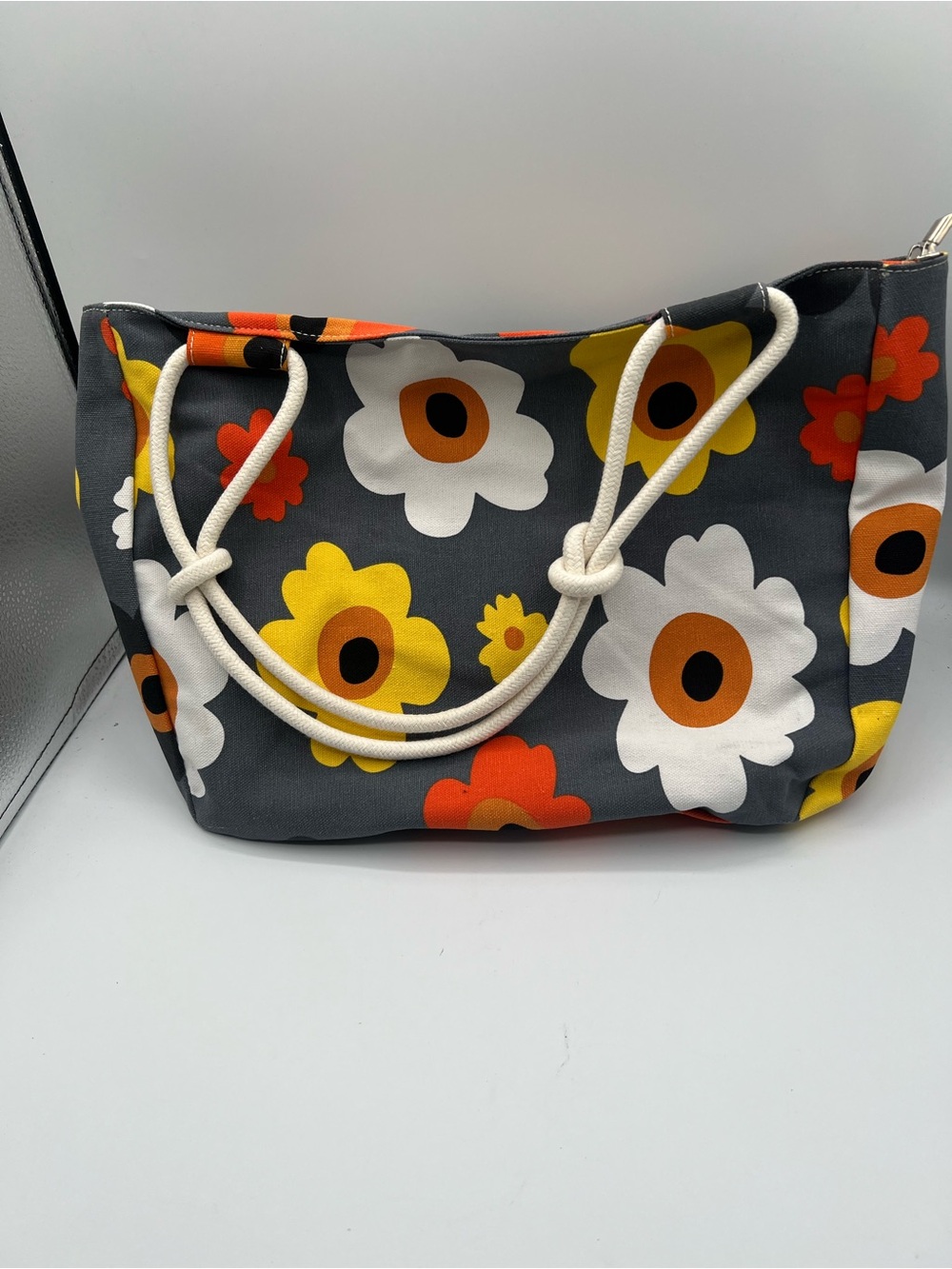 Grey Floral Canvas Tote with White Rope Handles
